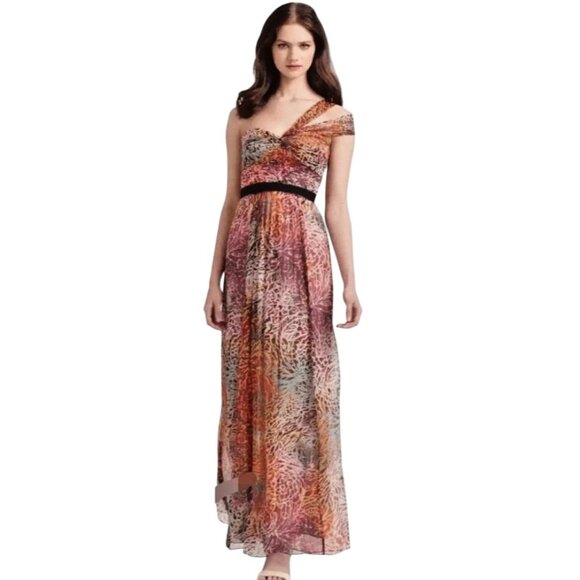 BCBGMaxAzria Inga One Shoulder Halter Silk Maxi Dress Multicolor Sz 10 Cocktail - Picture 1 of 12